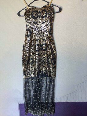 Black Gold 1920's inspired mermaid sequin gown small flapper girl vibes corset